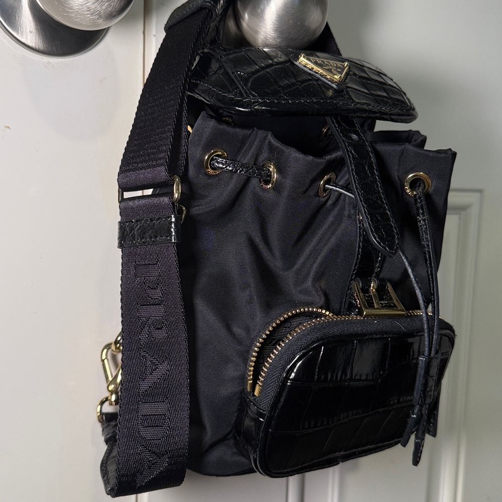 Prada nylon and croc embossed backpack shoulder bag. - Picture 6 of 15